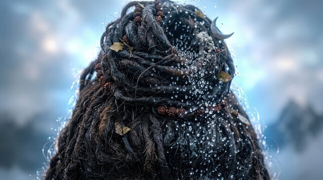 Lord Shiva matted hair with crescent moon and water droplets