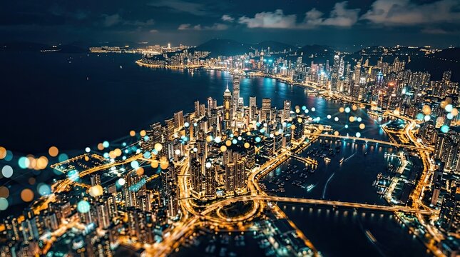 Vibrant coastal metropolis with skyscrapers at night illuminated cityscape