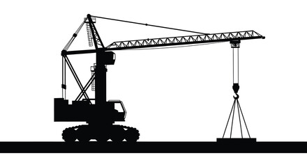 Crawler crane machinery depicted in a stark black silhouette construction equipment © RmANom