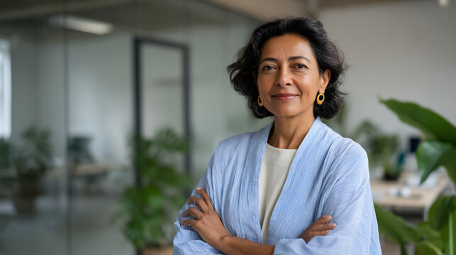 confident mature businesswoman standing in modern office, corporate executive portrait, professional leadership success, workplace