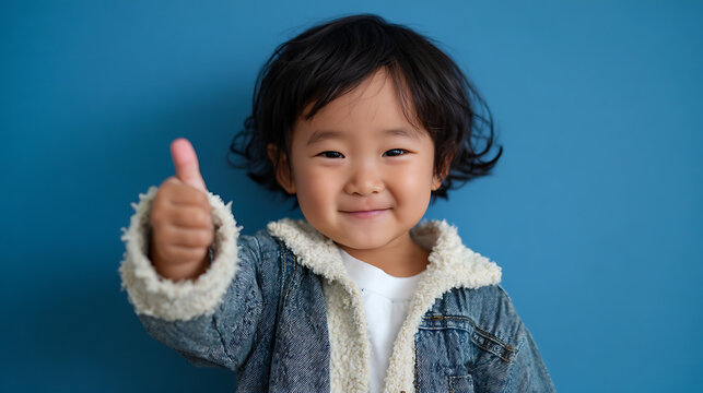 cute little girl in blue sweater giving thumbs up, happy toddler portrait, cheerful child expression, positive gesture studio