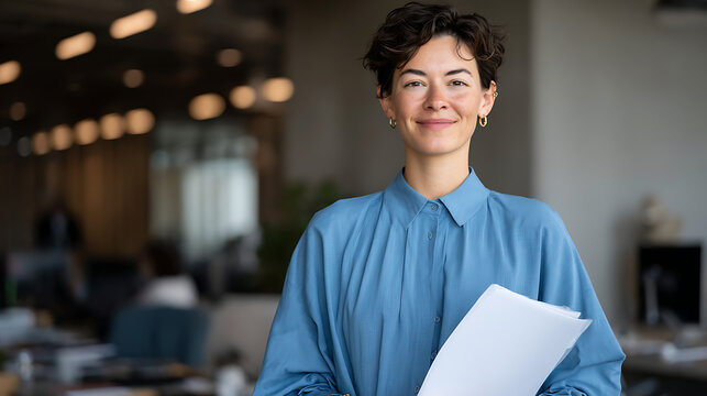 professional woman in blue outfit holding paperwork, modern architecture background, corporate business portrait