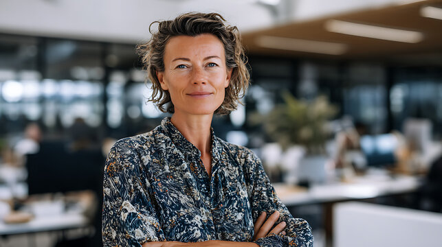 elegant senior businesswoman smiling in office background, corporate professional portrait, confident executive leader