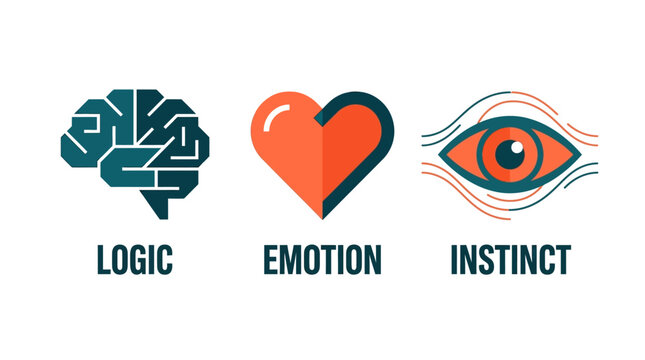 Minimalist graphic icons representing cognitive logic, emotional heart, and sensory instinct for human decision making concept