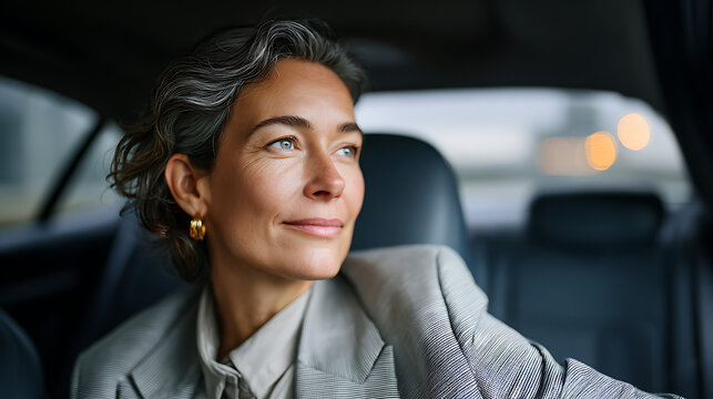 elegant professional woman riding in car during business trip, thoughtful look out window, corporate executive travel, urban commute lifestyle