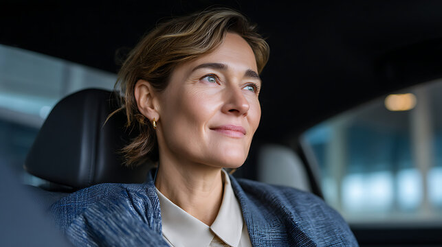 elegant professional woman riding in car during business trip, thoughtful look out window, corporate executive travel, urban commute lifestyle