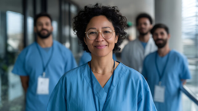 confident nurse portrait with medical colleagues behind her in hospital corridor representing healthcare team professional care and clinical staff