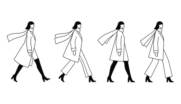Set of women walking in elegant winter coats with scarves while showcasing trendy fashion styles and outerwear designs for a seasonal clothing catalog.
