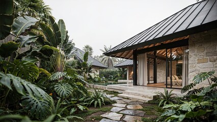 Fototapeta premium Bungalow features a contemporary metal roof and floor-to-ceiling glass doors opening onto a lush tropical garden path.