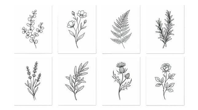 Elegant collection of detailed botanical line art illustrations featuring various wild flowers and delicate organic foliage elements arranged in a clean grid format for artistic design projects printe