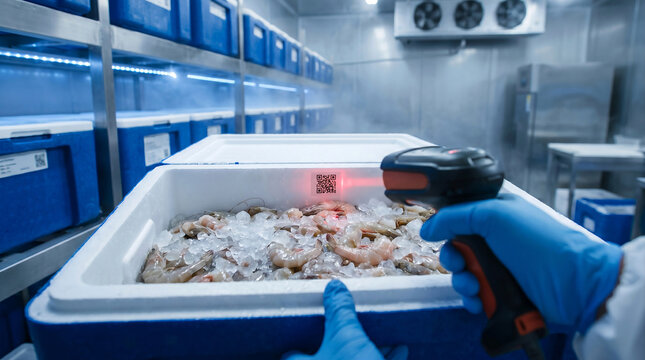 Worker Scanning QR Code on Seafood Container in Cold Storage Warehouse for Cold Chain Traceability