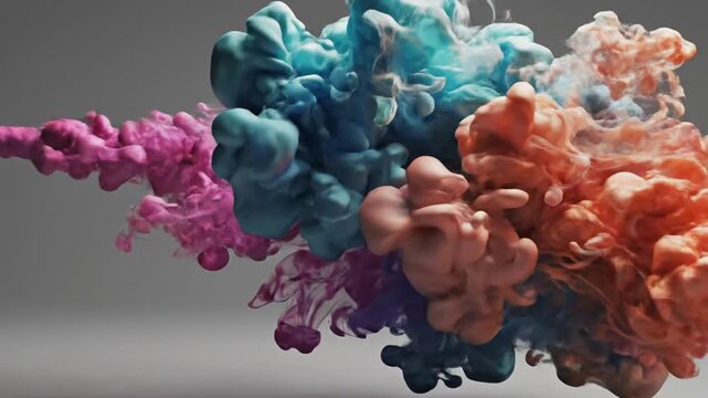 Abstract colorful ink clouds swirling against a gray background
