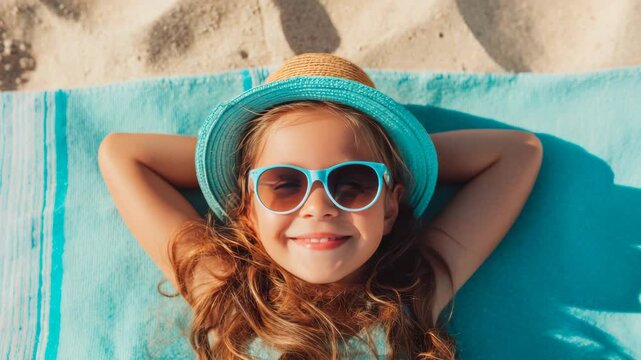 A young girl with her eyes closed on a beach, wearing sunglasses and a straw hat.