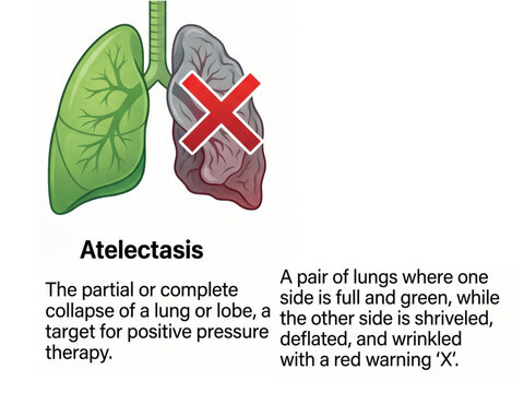 Atelectasis condition is shown as a pair of lungs where one side is healthy and green while the other side is shriveled and deflated with a red warning cross to highlight medical collapse.