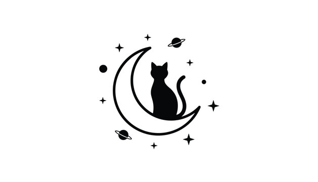 Charming black cat silhouette sitting on a large crescent moon surrounded by orbiting planets and twinkling stars in a celestial night sky illustration.