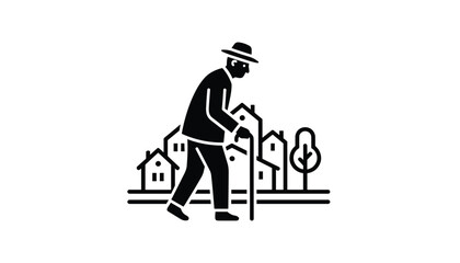 Naklejka premium Silhouette graphic showing an elderly man walking with a wooden cane through a residential neighborhood with simple houses behind.