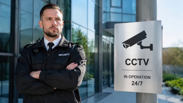 A security guard in a uniform with his arms crossed stands outside a building next to a metal sign reading 'CCTV In Operation 24/7'