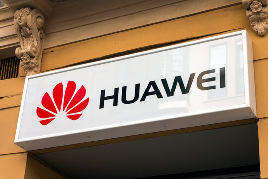 MALAGA, SPAIN - JULY 19, 2022. Huawei logo on Huawei store. Huawei is a Chinese multinational technology corporation
