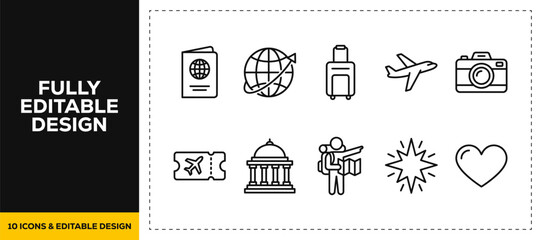 flat vector illustration line art icon bundle set design covering international travel passports holiday tours destination mapping and tourist luggage graphics for web UI © markephics