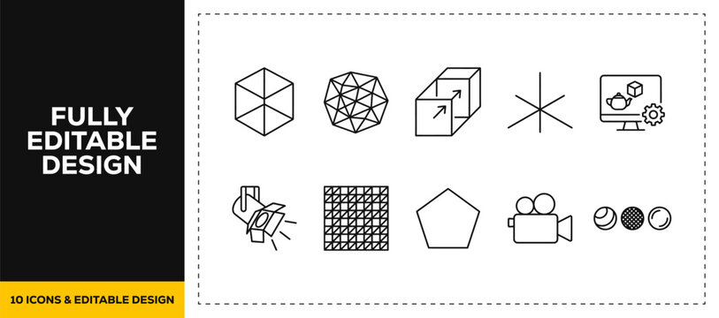 flat vector illustration line art icon bundle set design focusing on geometry polygons 3d block shapes mathematical structures and architectural figures elements for UI