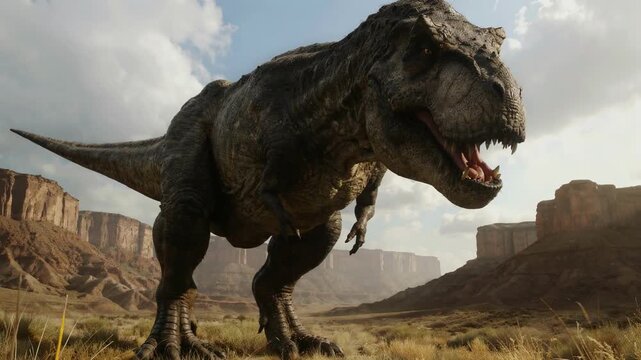 Tyrannosaurus Rex Walking Through a Desolate Prehistoric Landscape Cinematic Nature Scene