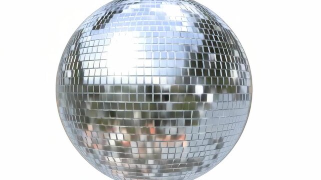 The disco ball is round and shiny, reflecting the light in different directions creating a mesmerizing effect. The background appears to be an outdoor scene with trees illuminated by bright lights.