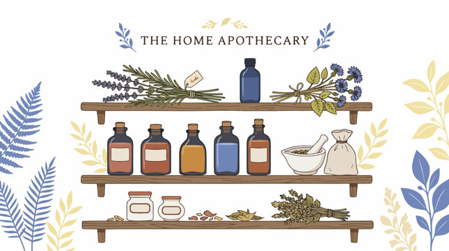 Illustrated Home Apothecary with Herbal Bottles and Plants.