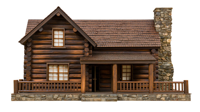 Rustic log cabin with stone chimney and wooden porch