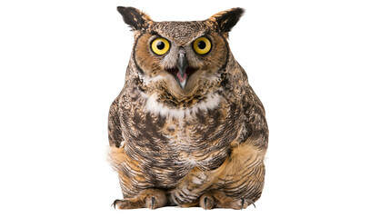 Obraz premium Great Horned Owl with open beak and yellow eyes