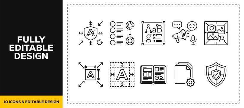 flat vector illustration line art icon bundle set design showcasing page layouts graphic design UI tools website wireframes and software development graphics for web UI