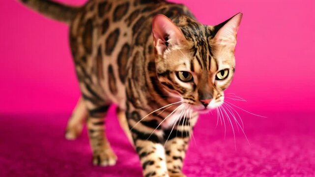 A close-up of an alert cat against a vibrant pink backdrop. The animal is looking off to the side, conveying curiosity and attentiveness.