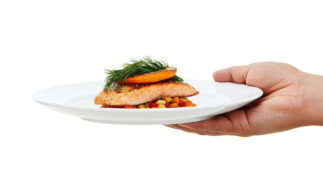 Salmon fillet with vegetable medley and dill garnish on white plate held by hand