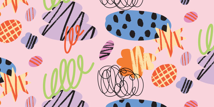 Seamless colorful pattern with abstract scribbles, hand-drawn textures and playful shapes. Modern vibrant background in doodle collage style. Vector illustration for textile and design.