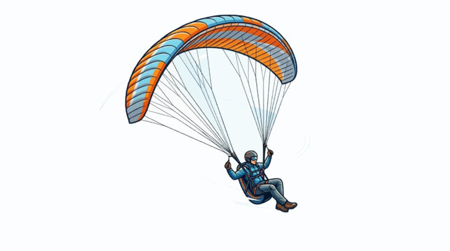 Paraglider flying with orange and blue parachute in a minimalist vector style