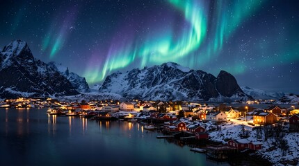 Fototapeta premium Vibrant northern lights illuminate the snowy mountains and small coastal village during a cold winter night