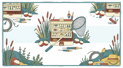Vintage Fishing and Camping Gear Illustration. © Suker