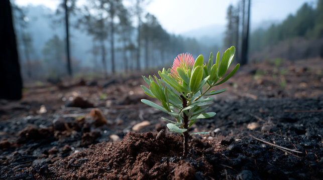 new pine seedling growing among burnt trees representing nature regeneration and environmental 