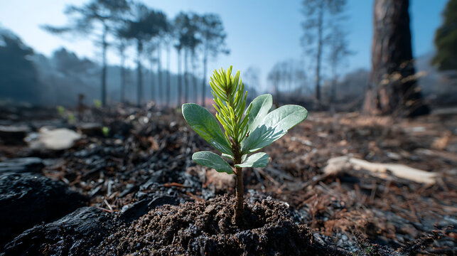 new pine seedling growing among burnt trees representing nature regeneration and environmental 