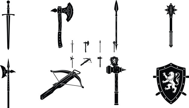 Medieval Warfare Weapons and Knight Armor Heraldic Shield Black Silhouette Vector Icons Set