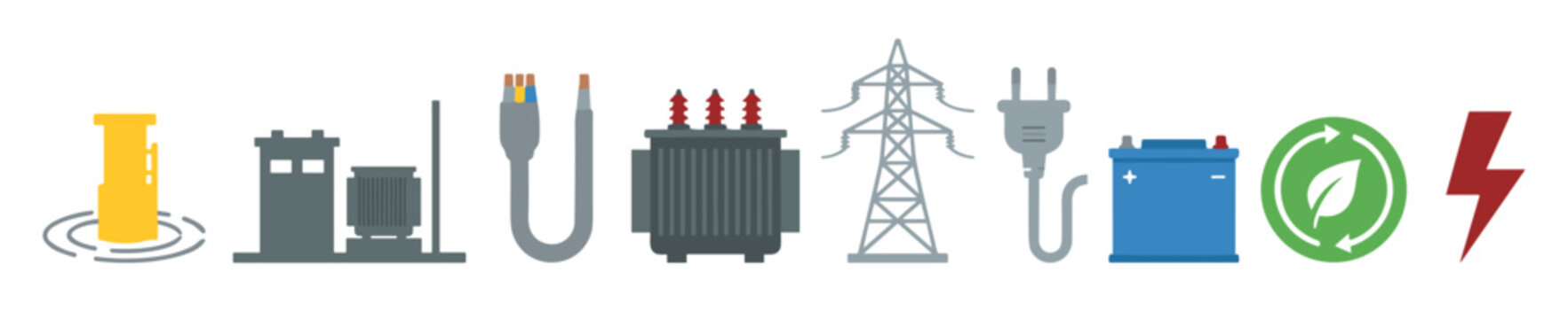 Collection of electricity and energy related icons depicting power generation, transmission, storage, and sustainable solutions in a flat design style.