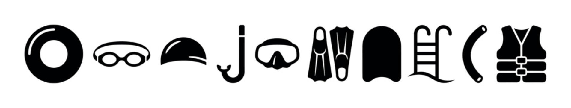 Swimming equipment and water sports accessories including goggles, fins, and life vest are presented as a collection of black silhouette icons.