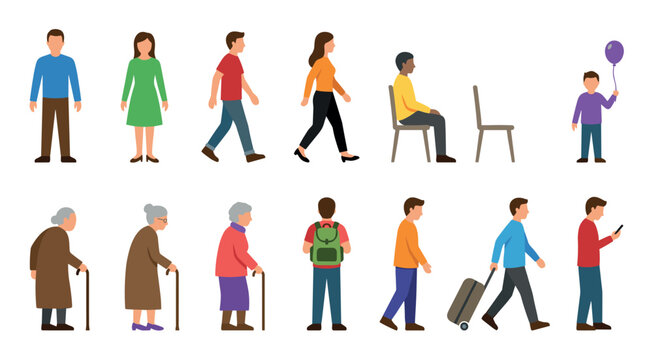 Diverse human figures in various poses and age groups illustrate different activities, demographics, and life stages in a flat design style.
