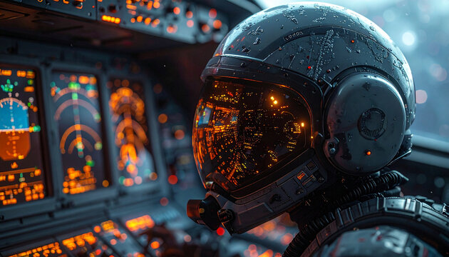 Futuristic Pilot in Cockpit: A close-up shot of a pilot wearing a futuristic helmet with a reflective visor, inside a high-tech aircraft cockpit.