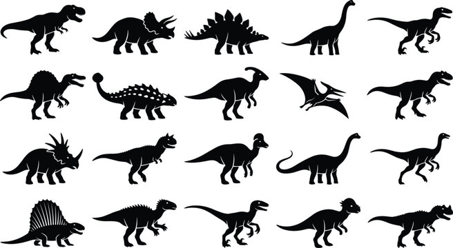 Ceratopsidae and Horned Dinosaurs Prehistoric Wildlife Black Silhouette Vector Icons Set