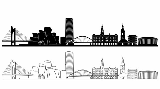 Bilbao City Skyline Silhouette and Line Art Illustration