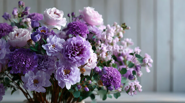 gorgeous bouquet of mixed purple flowers in a vase near a window for floral design and interior decor use