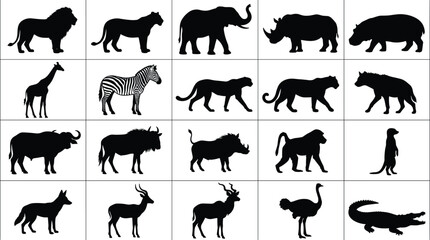African Safari Animals and Wildlife Black Silhouette Vector Icons Set © Nurjahan