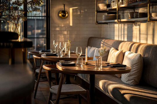 Monochrome Evening Nook Photographed In Golden Hour With Layered Restaurant Depth