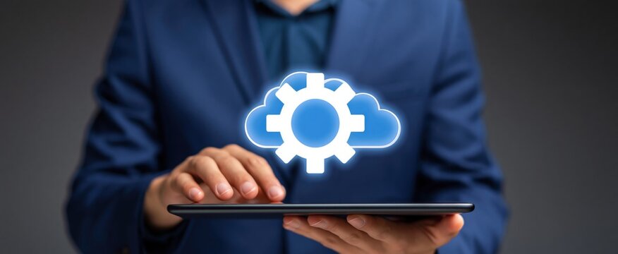 Streamlining business operations. Cloud integration and API management tools. Professional working on tablet to create automated workflow solutions.
