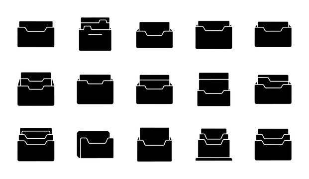 15 Black File Folder Icons, Document Organization Symbols, Paperwork Management Graphics, Office Storage Vector Set
